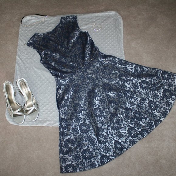 Ricki's | Blue Silver Floral Jacquard Dress | 4 - Picture 15 of 16